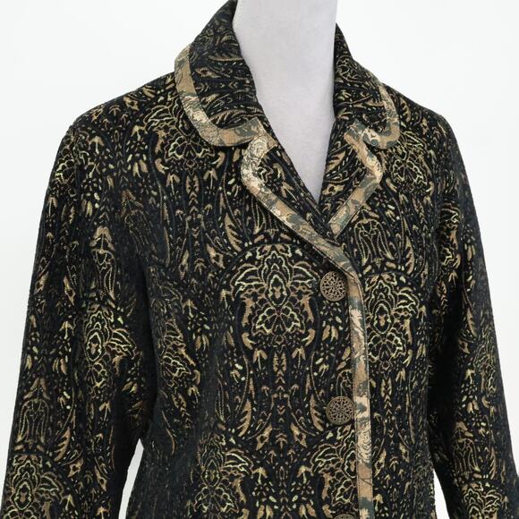Chicos Jacket 1 Womens Medium 8 Black Gold Metallic Lined Burn out Brocade New - Picture 7 of 16